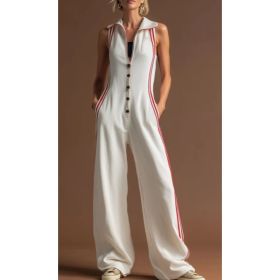 Off-White Sleeveless Collared Wide-Leg Jumpsuit With Red Side Stripes (Option: OffWhite-2XL)