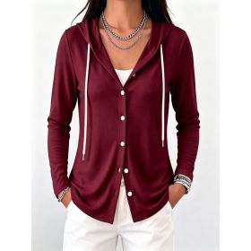 Womens Fashion Solid-color Long-sleeve Hoodie (Option: Wine Red-S)