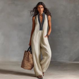 Women's Simple Linen-blend Sleeveless Jumpsuit (Option: M-Apricot)