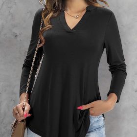 Women's Solid Color Waistband Top With Rolled Sleeves, V-neck Shirt, Long Sleeved Shirt, T-shirt (Option: Black-XL)