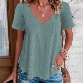 Womens Summer Scallop Trim V Neck Eyelet T-Shirt Short Sleeve Top Dressy Casual Tunic Blouses (Option: Green-2XL)