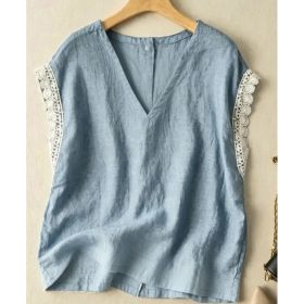 Cotton-Linen V-Neck Top With Lace Trim (Option: Light Blue-M)