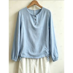 Light Blue Textured Round Neck Half Open Button Drawstring Waist Cinched Long Sleeved Cotton And Linen Top (Option: Light   blue-M)