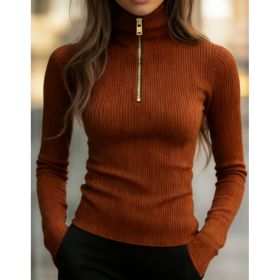 Women's American Retro Half-Zip High Neck Slim Fit Long Sleeve Knit Top (Option: Caramel-XXL)