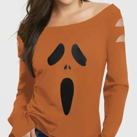 Ladies' Halloween Pumpkin Printed Diagonal Collar Hollow Long Sleeve Gothic T-shirt (Option: Orange-XL)