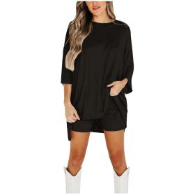 Women's Clothing Fashion Solid Color Loose T-shirt Tight Shorts Women (Option: Black-S)
