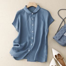Cotton-Linen Plus-Size Loose Artistic Small Turn-Down Collar Shirt (Option: Blue-M)