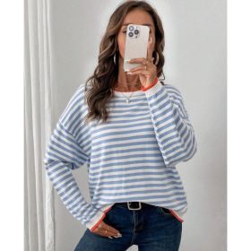 Striped Crewneck Long-sleeve T-shirt Loose-fit Top That Flatters The For Women (Option: Blue-M)