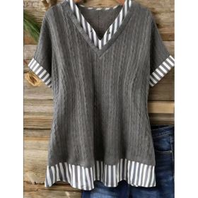 Charcoal Gray Cable Knit Striped V-Neck T-Shir (Option: Charcoal Gray-L)