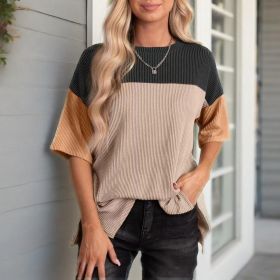 Women's Color Block Casual T-Shirt Short Sleeve Crew Neck Loose T-Shirt Top (Option: Black-M)