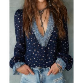 French Retro Style Printed Lace Patchwork Shirt For Women (Option: Navy Blue-S)