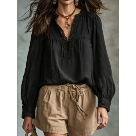 Black Lace V-neck Pleated Bubble Long Sleeved Textured Cotton And Linen Shirt (Option: Black-M)