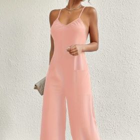 Ladies' Solid Color Chest Pleated Design Cross Suspender Sexy Jumpsuit (Option: Pink-S)