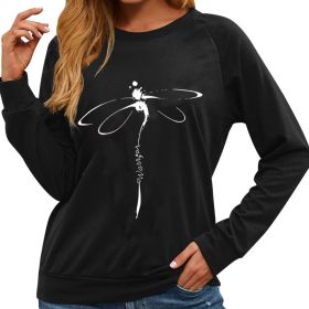 Ladies' Round Neck Printed Dragonfly Fashionable Casual Hoodie Top (Option: Black-XXL)