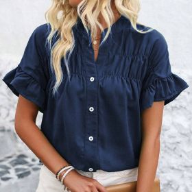 Womens Summer Ruffle Short Sleeve Button Down Shirts Dressy Casual V Neck Business Work Blouses (Option: Navy Blue-S)