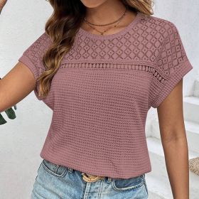 Womens Summer Dressy Casual Short Sleeve Lace Crewneck T Shirt Hollow Out Loose Blouses (Option: Pink-2XL)