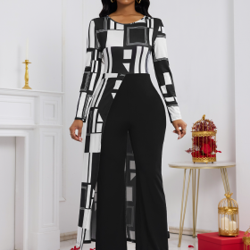 Ladies' Fashionable And Elegant Commuting Versatile Geometric Pattern Print Autumn And Winter Long Sleeved Jumpsuit (Option: Black-S)