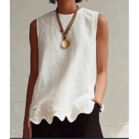 Linen-Style Round Neck Scallop Hem Sleeveless Top (Option: White-M)