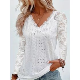 Fashionable Long-sleeved Lace-panel Hollow-out Top (Option: White-M)