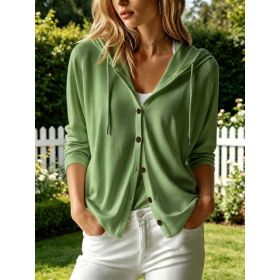 Fashion Women's Solid Color Hooded Long Sleeve Button Down Loose Cardigan (Option: Green-S)