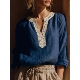 Women's Lace Trim V-Neck Long Sleeve Blouse (Option: Blue-L)