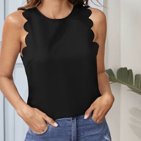 Women's Solid Color Round Neck Scallop Decorative Top With Wavy Cuffs And Short Sleeved T-shirt (Option: Black-S)
