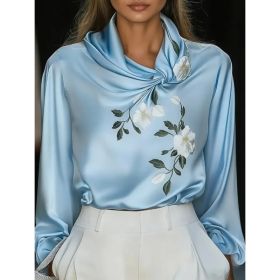 Women's French-style Elegant Satin Printed Turtleneck Long-sleeved Loose-fitting Shirt (Option: Blue-L)