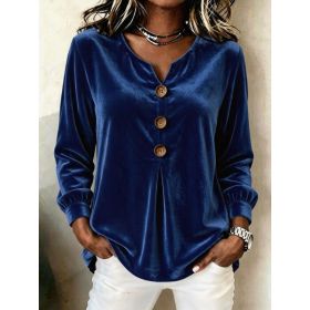 Elegant V-neck Buttoned Long-sleeve Velvet Blouse For Women (Option: Dark Blue-S)