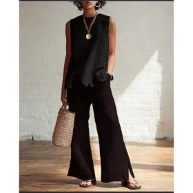 Linen-Style Round Neck Scallop Hem Sleeveless Top (Option: Black-5XL)