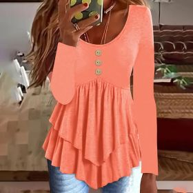 Womens Casual Long Sleeve T-Shirt Solid Color Round Neck Layered Button Front Tunic Tops (Option: Pink-S)