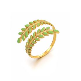 Women's Vintage Leaf Drip Oil Stainless Steel Ring Adjustable (Color: Green, size: adjustable)