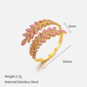 Women's Vintage Leaf Drip Oil Stainless Steel Ring Adjustable (Color: Pink, size: adjustable)