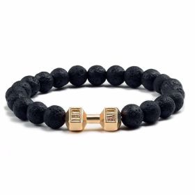 Natural Volcanic Stone Beads Bracelets Black Lava Men Women Bracelet Aromatherapy Essential Oil Diffuser Bangle (Purity: 21cm, Color: Volcanic Rock Golden Dumbbell)