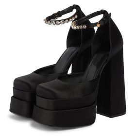 Women's Pumps High Heels Platform Sandals Sexy Dress Party Wedding Shoes Women Square Toe High Heel Crystal Female Sandal (Color: BK1, Shoe Size: 6.5)