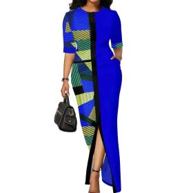 Women's Geometric Print Bodycon Dresses Short Sleeve Slit Sexy Long Evening Dress for Party Prom Dinner (Color: Blue, size: XL)