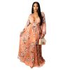 Women's Summer Sexy Big V-Neck Printed Long Skirt,Pleated Long Skirt