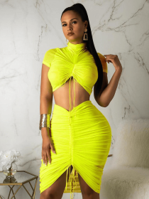 Neon Green Yellow Sexy Two Piece Set Women Turtleneck Short Sleeve Crop Top+ Pleated Bodycon Dress Tracksuit 2 Piece Club Outfit (Color: Yellow, size: XL)