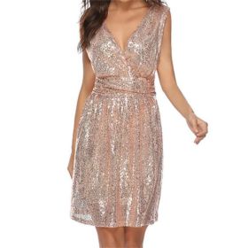 Women's Sexy Sequin V-Neck Dresses Sparkling Sleeveless Midi Dress for Party Prom Wedding Dinner Club (Color: Champagne, size: L)