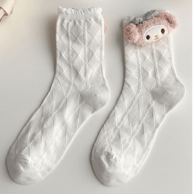 Sanrio Women's Socks Hello Kitty Kuromi Mymelody High Quality Fashion Mid Tube Jk Kawaii Breathable Cute Stockings Girl Gift (Color: Melody side view)