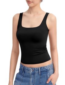 Women's Square Neck Sleeveless Tank Tops Basic Tight T Shirts (Color: Black, size: S)