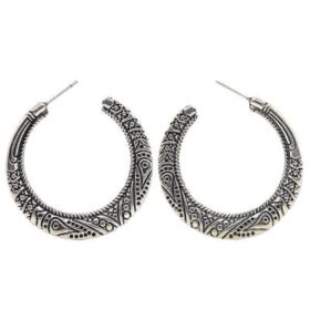 Stud Hoop Earrings Lightweight Vintage Engraved Round Dome Half Large for Women 925 Sterling Silver (Color: Silver)