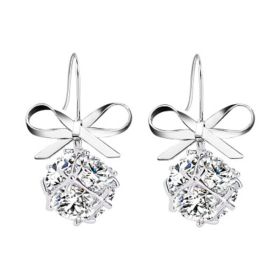 Womens Bow with Zircon Square Flash Diamond Ball Hook Earrings Fashion Earrings (Color: Silver)