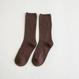 5 Pair Retro Women Cotton Loose Socks Autumn Winter Knitting Solid Color Long Black Pink Korean Japanese Student Girls Stockings (Color: Coffee)
