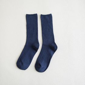 5 Pair Retro Women Cotton Loose Socks Autumn Winter Knitting Solid Color Long Black Pink Korean Japanese Student Girls Stockings (Color: Blue)