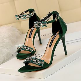 Women's Pumps; Sexy high-heeled shoes; formal women's shoes for banquet party; thin heel high-heeled shoes; satin open toe rhinestone one word sandals (colour: red, size: 38)