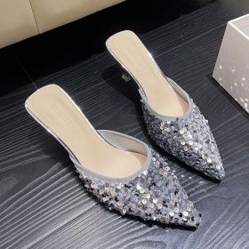Women's new trend fashion pointy sequin heels French ins stiletto half slippers (Color: Silver, size: 34)