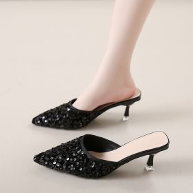 Women's new trend fashion pointy sequin heels French ins stiletto half slippers (Color: Black, size: 38)