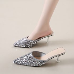 Women's new trend fashion pointy sequin heels French ins stiletto half slippers (Color: Silver, size: 39)