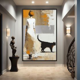 Hand Painted Woman And Cat Abstract Oil Painting Cat Poster Abstract Wall Art Cat Art Woman Figure Painting Feminine Art Black Cat Minimalist Art (STYLE: 1, size: 140x210cm)