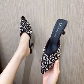 Baotou female slippers summer new wear sandals pointed rhinestone stiletto heels lazy half slippers (Color: Beige, size: 36)